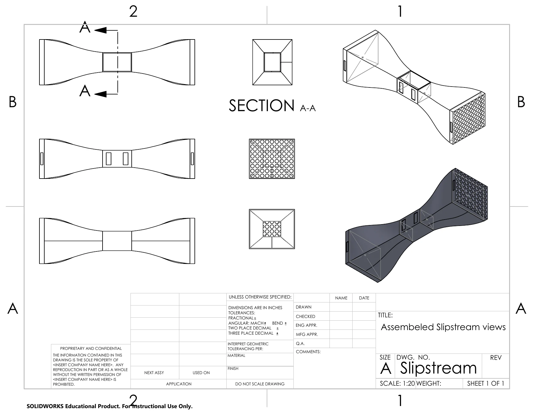 Slipstream engineering drawing with orthographic, section A–A, and isometric assembly views.