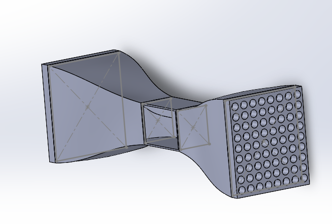Slipstream wind tunnel assembly with flared housings, a central test section, and a perforated inlet.